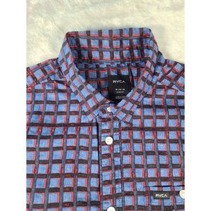 RVCA Shirt Mens Medium Red Blue Plaid Slim Fit‎ Button Down Short Sleeve